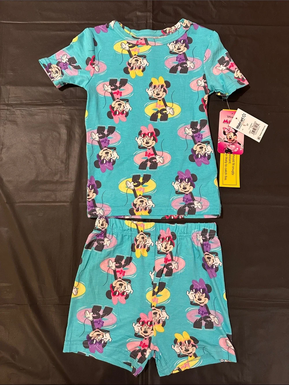 Disney Minnie Mouse Teal Short Sleeve Pajama Set with Pink and Purple Accents